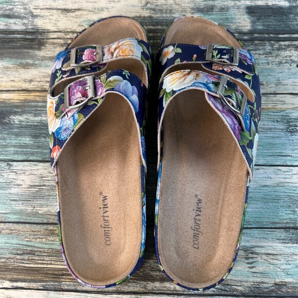 Comfortview The Maxi Footbed Slide Sandal Womens 9 Extra Wide Blue Floral Casual - Picture 5 of 11